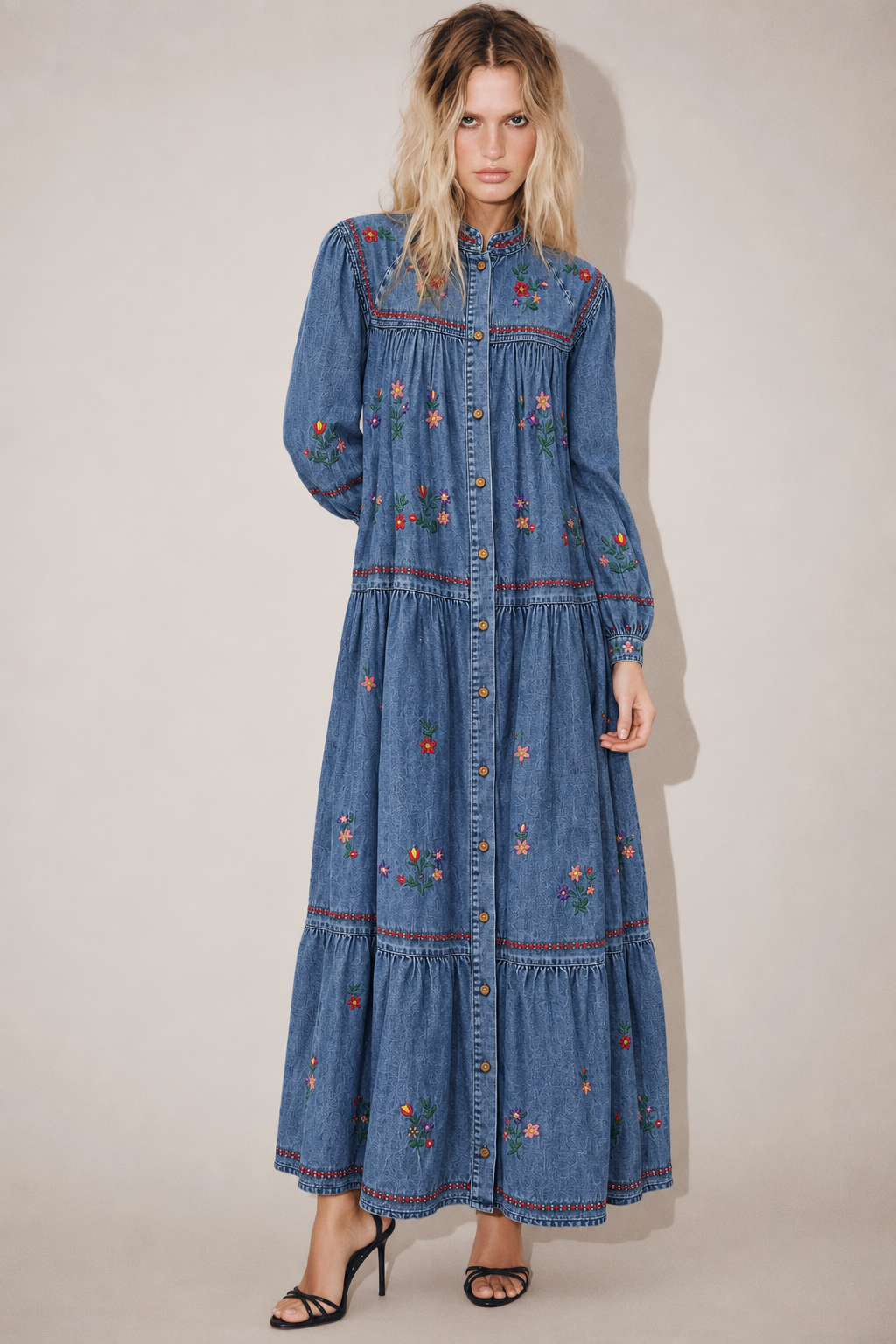 Embroidered Denim Maxi Dress