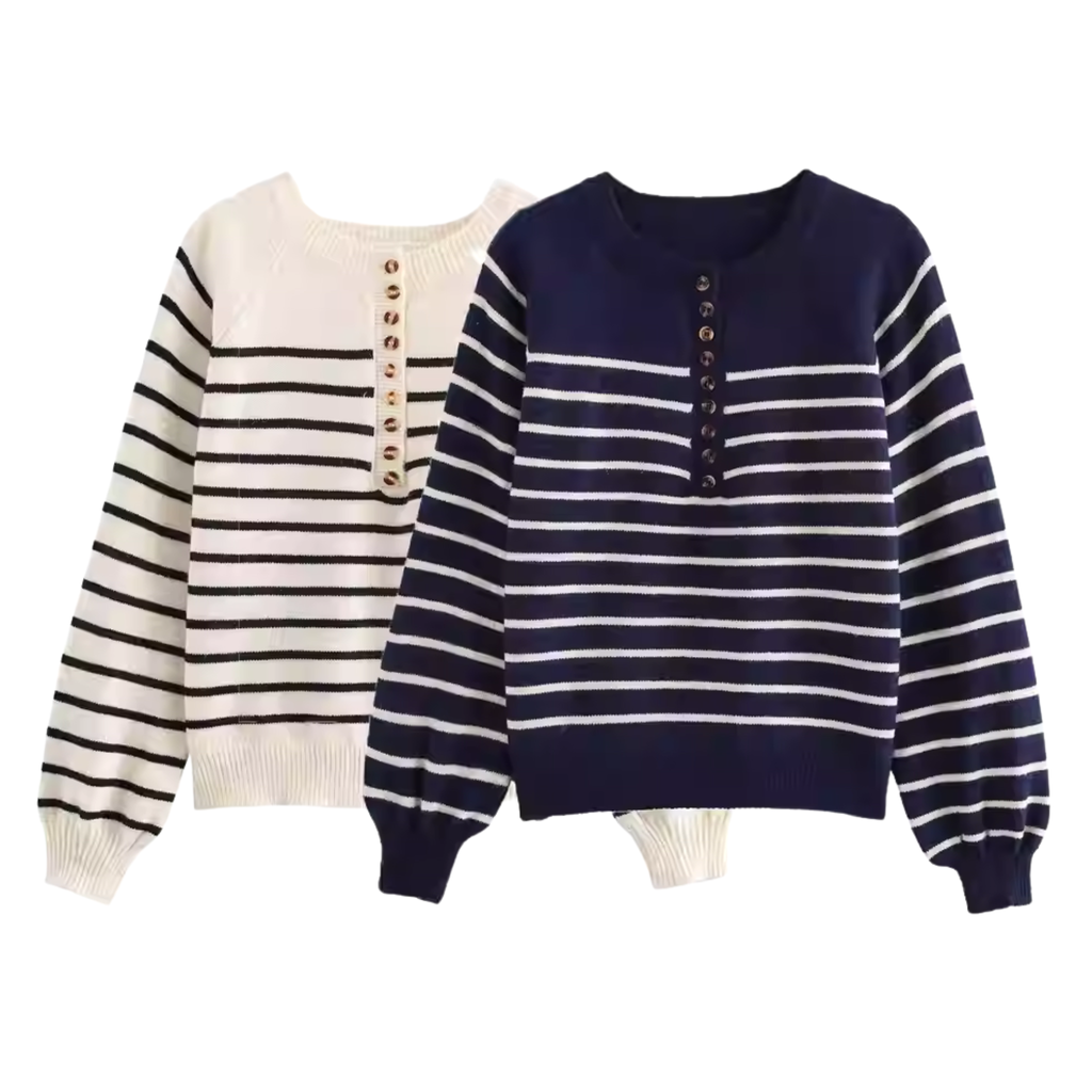 Pre-Order Knit Sweater Button Stripe Long Sleeve
