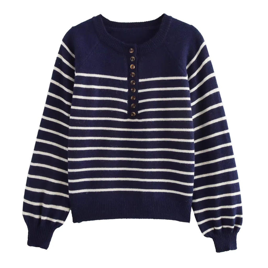 Pre-Order Knit Sweater Button Stripe Long Sleeve